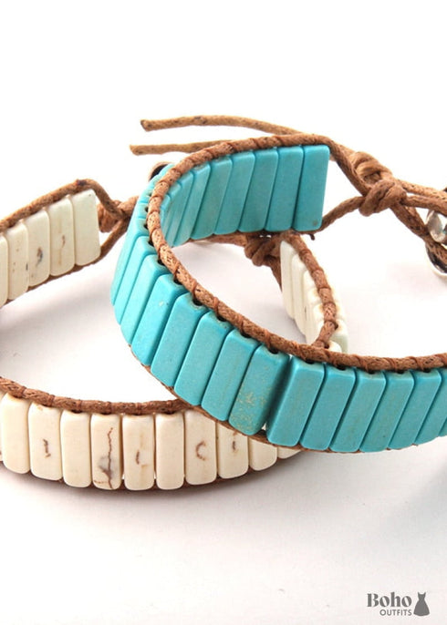 Boho Bracelet, RH Leather Wrap Bracelet, Blue White and Pink